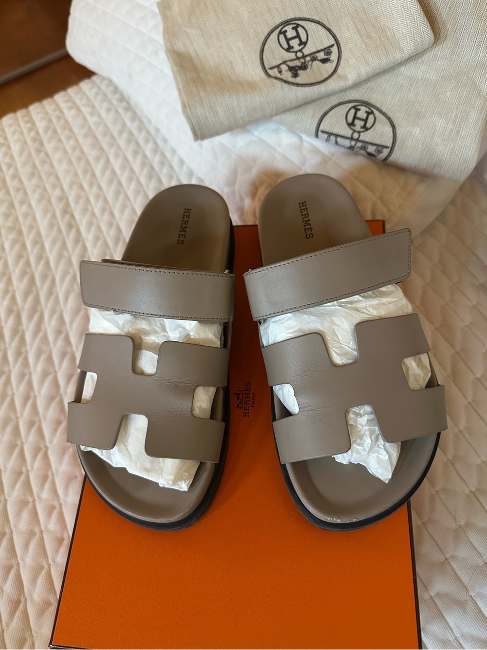 Hermes Women’s Beige Mastic Leather Chypre Sandals Size 38
